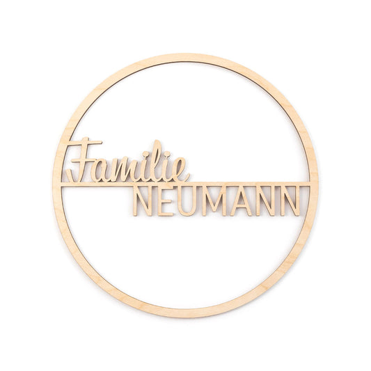 Türschild „Familie + Familienname“ aus Holz – naturfarben, unbehandelt